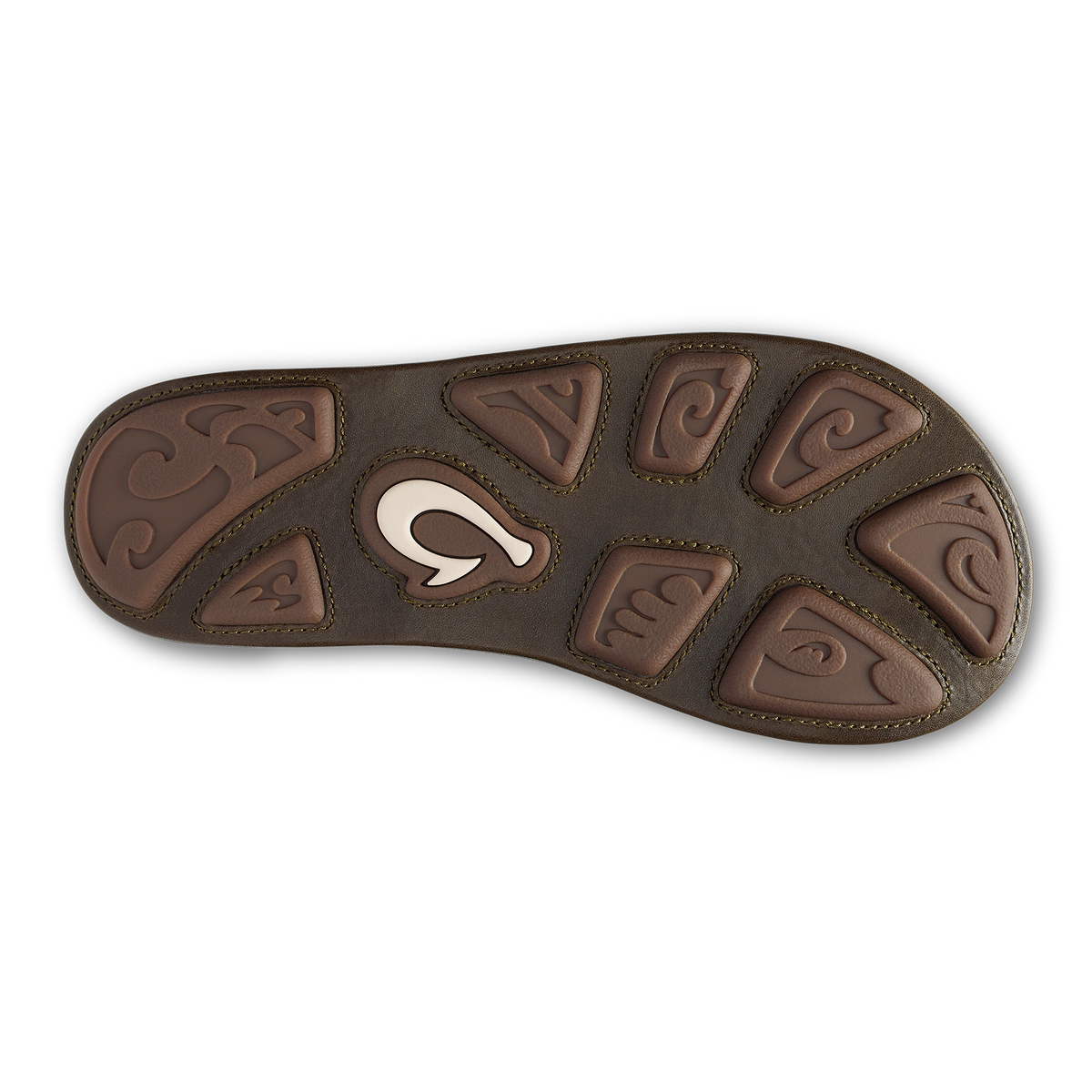Brown leather sole with embossed tribal patterns and a curved logo detail in the center.