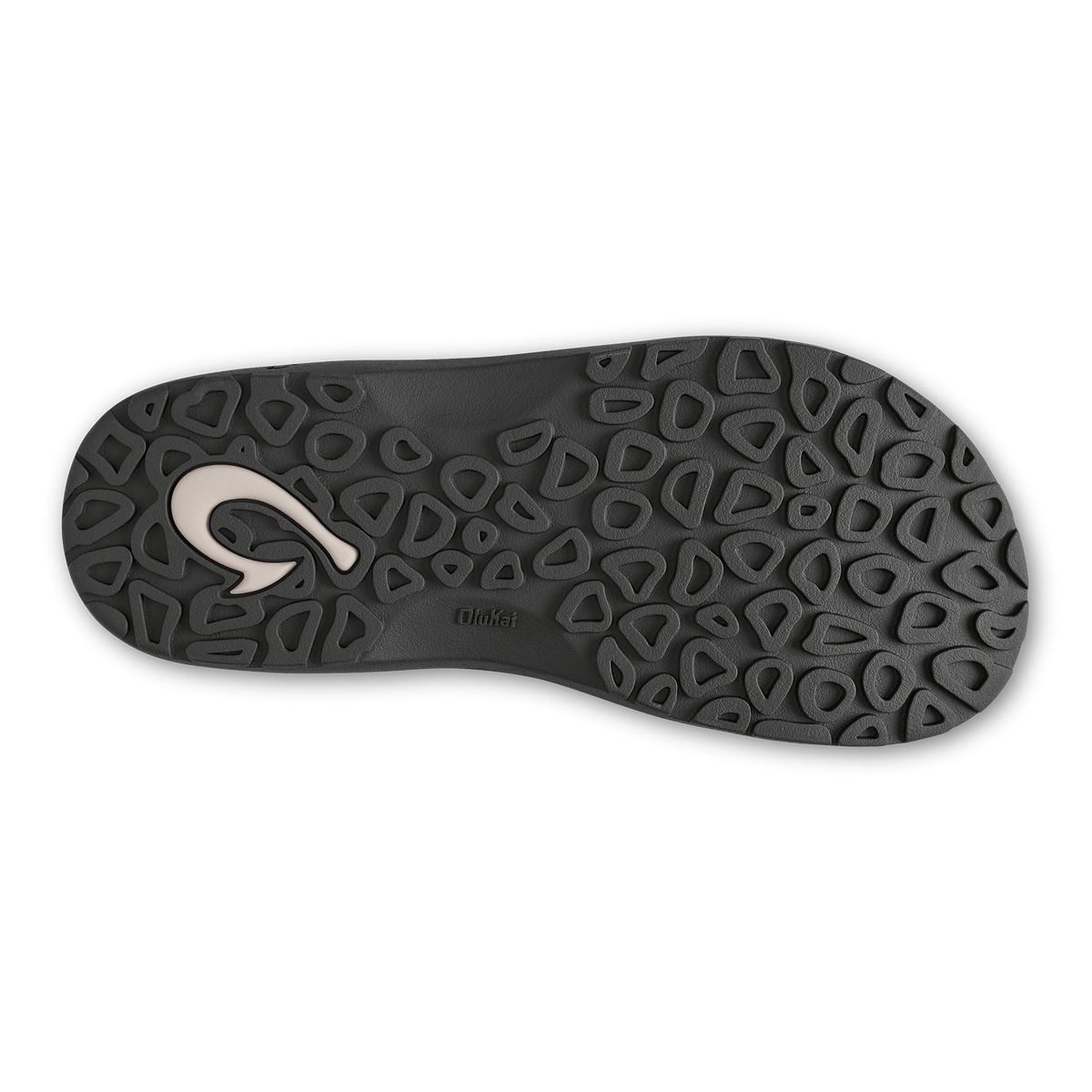 Black flip-flop sole with geometric tread pattern and white curved logo detail.