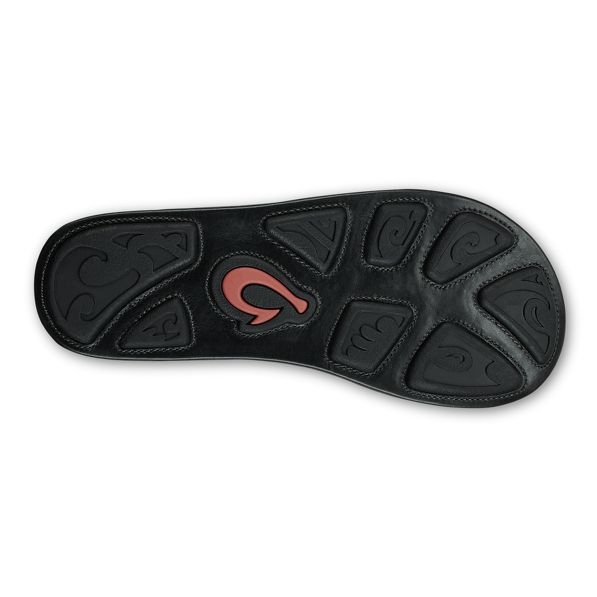 Black sole with embossed pattern design and coral-colored logo accent in center.