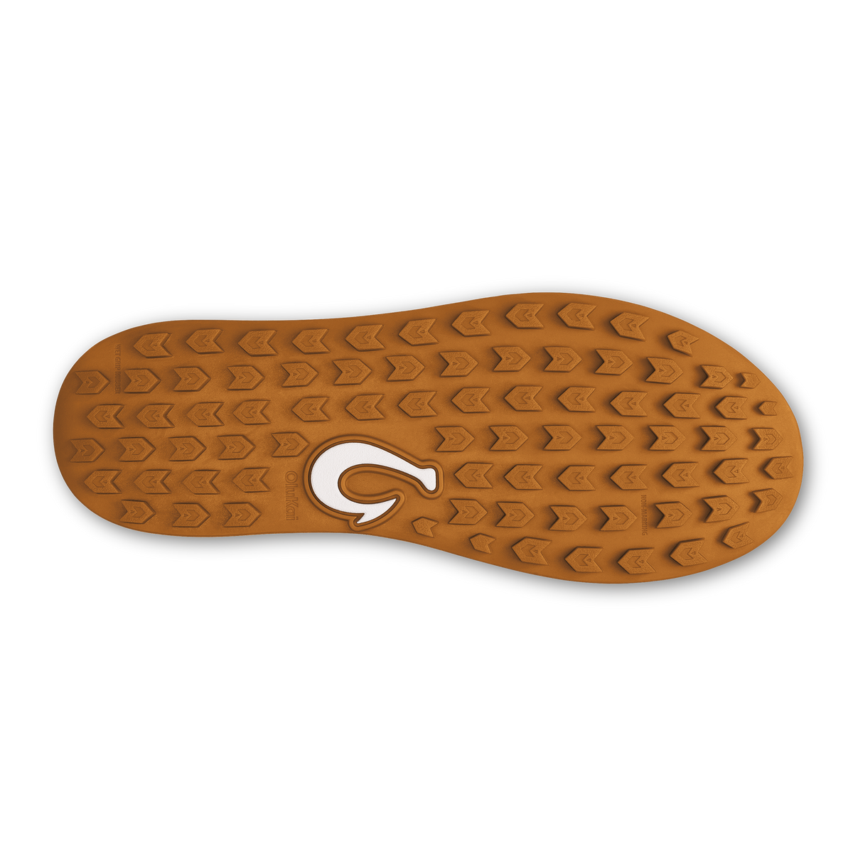 Tan rubber sole with chevron tread pattern and white brand logo cutout.
