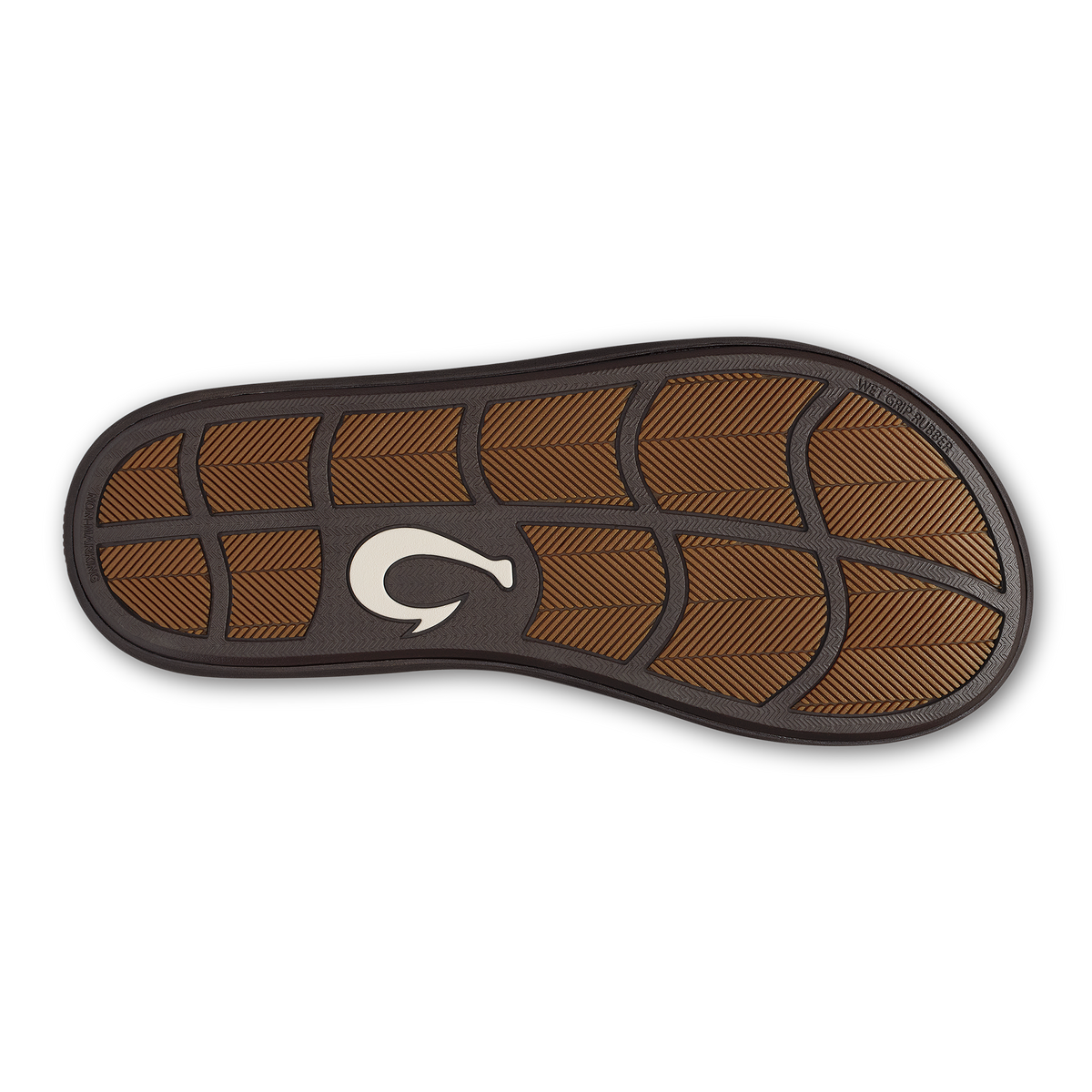 Pili shoe sole in tan and dark charcoal with geometric tread pattern and logo.