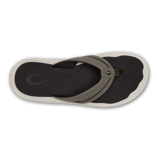 Flip-flop sandal with gray fabric strap across black neoprene upper and cream rubber sole, viewed from above.