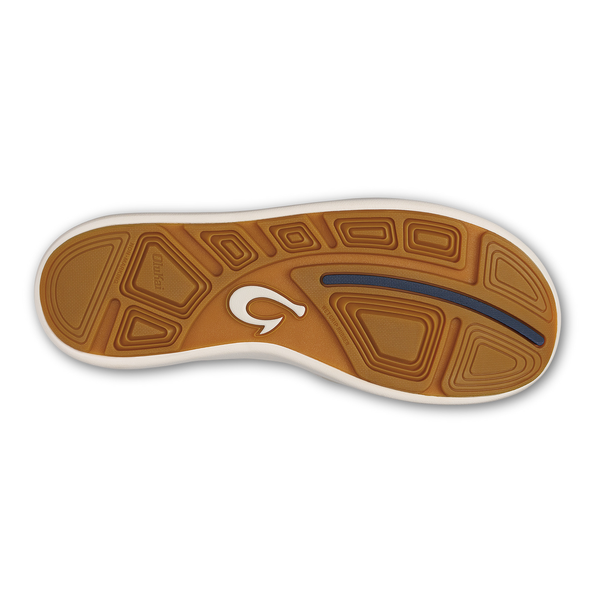 Tan and white slip-on shoe sole with textured tread pattern, white logo, and blue accent stripe.