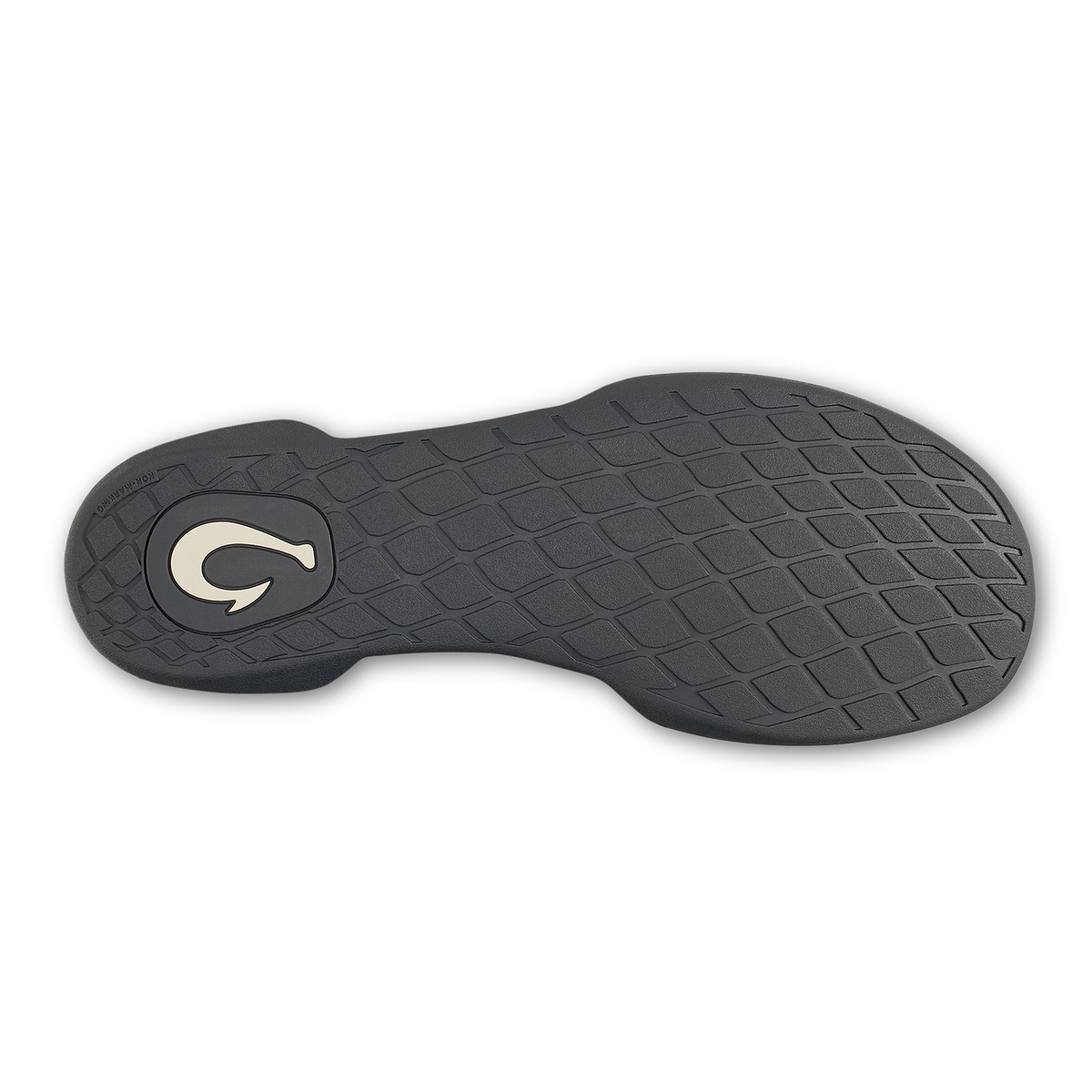 Dark gray shoe sole with quilted tread pattern and cream-colored logo on heel tab.