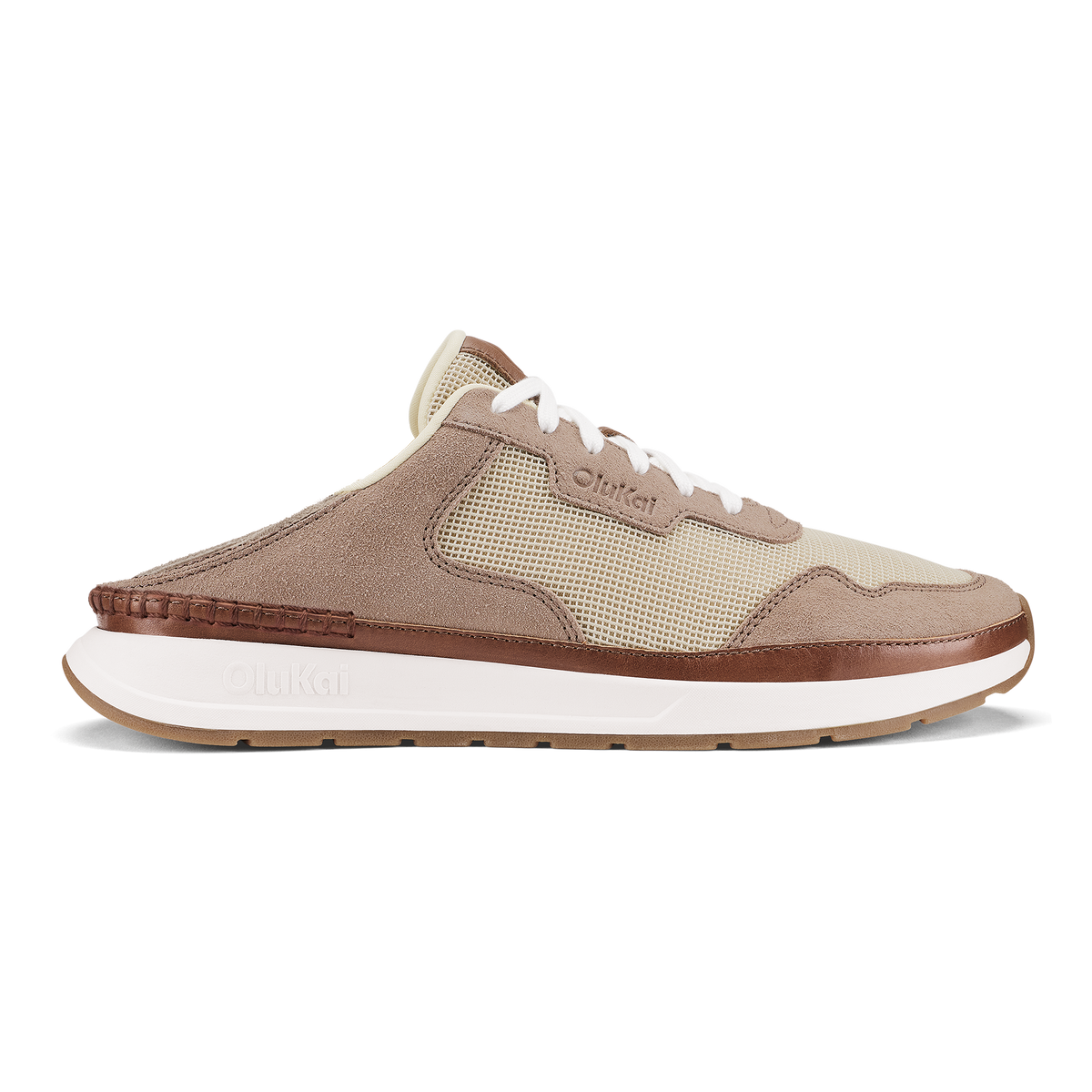 Koke mule shoe with ecru and taupe grey colorblocking, white laces, and white sole.