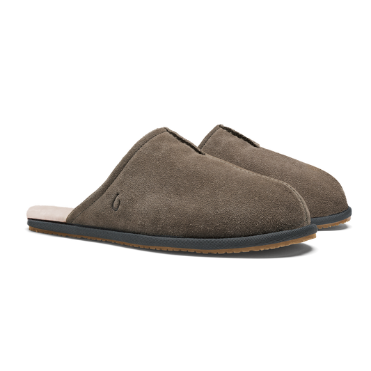 Pair of gray suede slip-on slippers with dark sole and cream-colored heel lining.