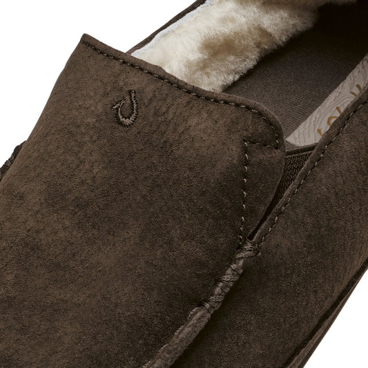 Dark oak suede slipper with fleece lining and embroidered logo on upper.
