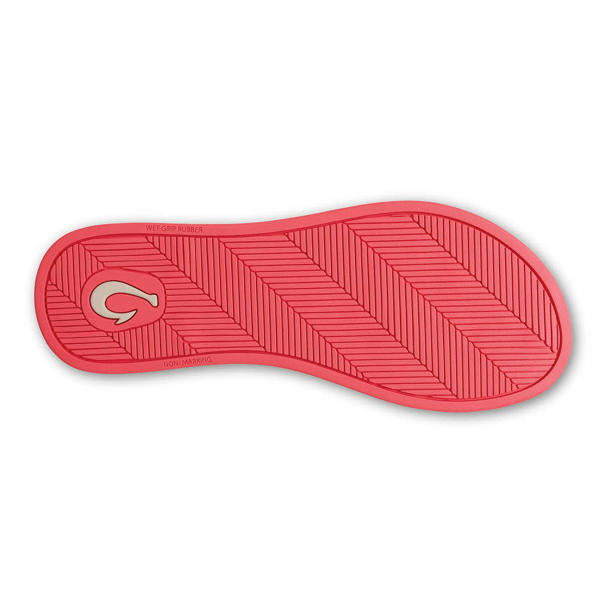 Hot pink shoe sole with diagonal tread pattern and logo detail on heel.