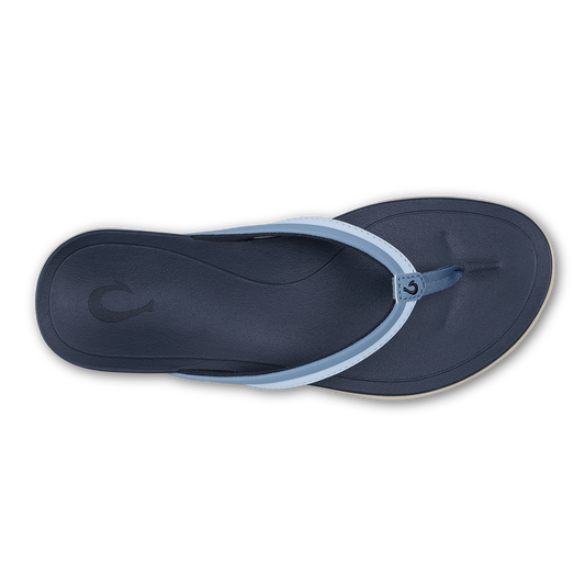 Navy thong sandal with light blue trim and curved footbed, shown from above.