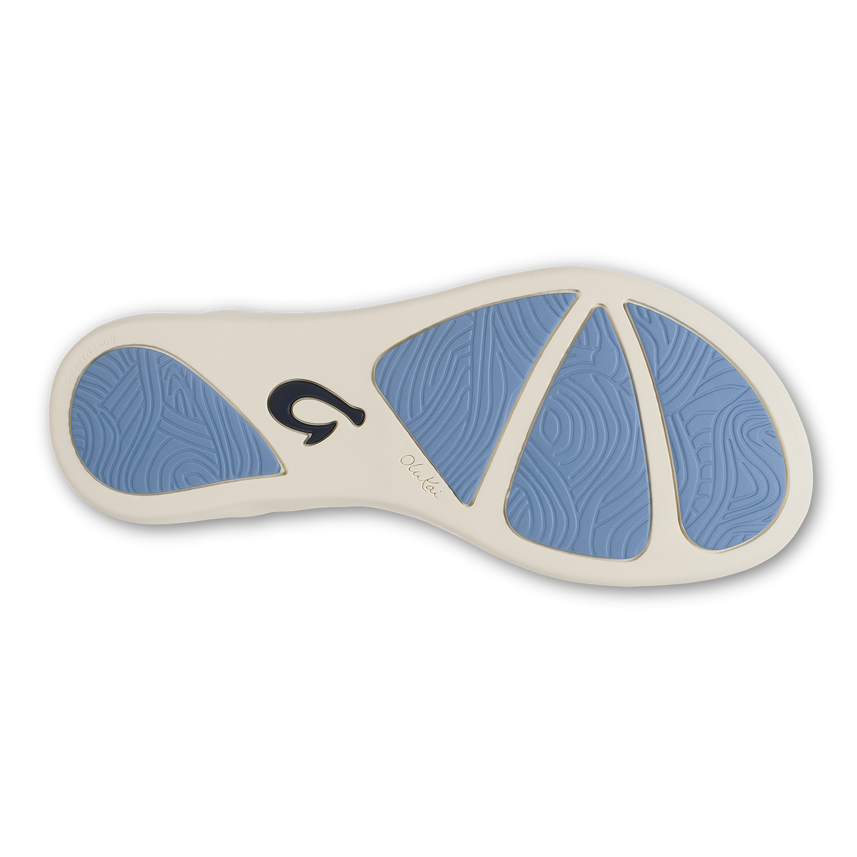 Shoe sole with blue textured pattern and cream-colored base featuring curved wave design and black brand logo.