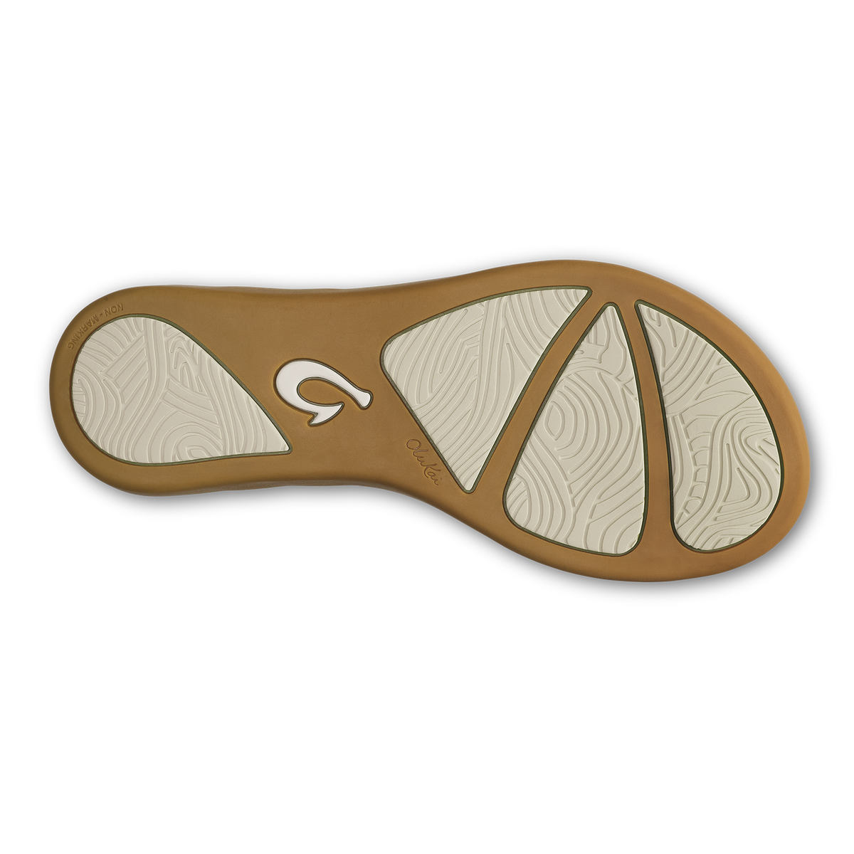 Tan and cream sandal sole with curved design and textured grip pattern.