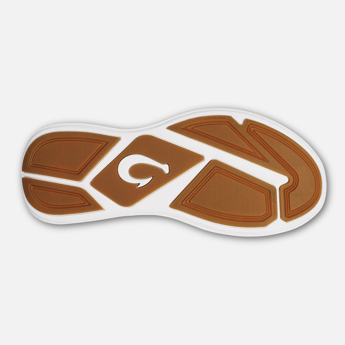 Shoe sole with brown tread pattern and white rubber edging, viewed from below.