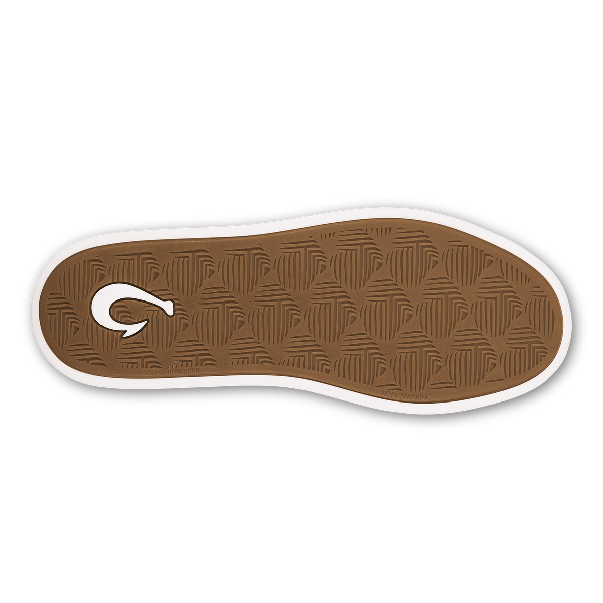 Bright white shoe sole with tan textured tread pattern and white brand logo.