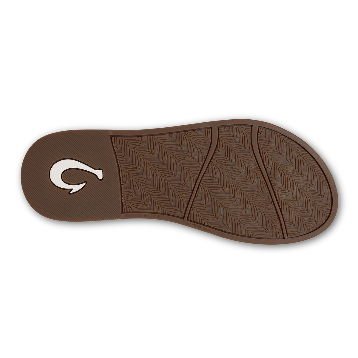 Brown sole of Kanani Vario sandal with textured tread pattern and curved white logo on heel.