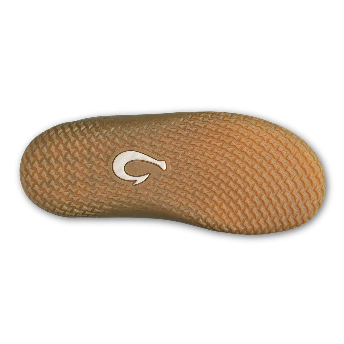 Walnut-colored shoe sole with textured tread pattern and white curved logo detail.