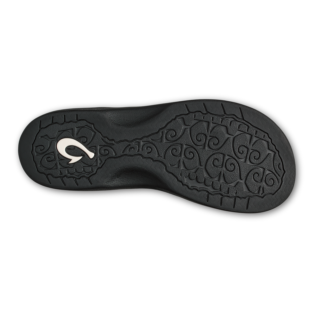 Black sole with white curved logo and decorative spiral pattern throughout.