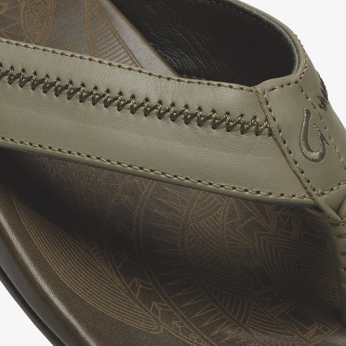 Clay and mustang leather shoe with geometric patterned upper and whipstitched vamp detail.