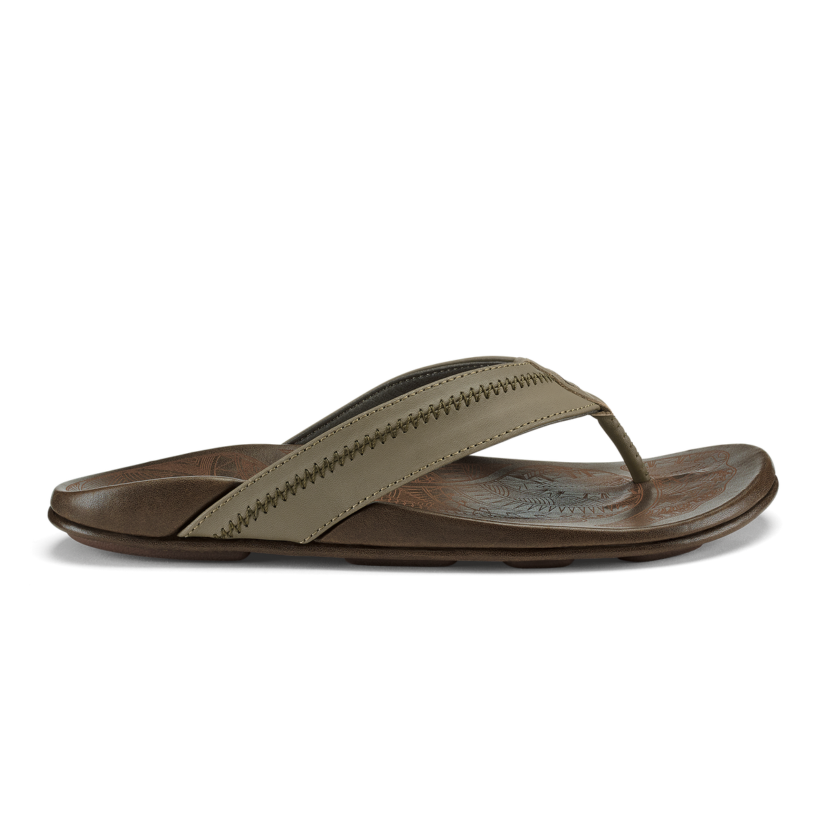 Clay and mustang leather flip-flop sandal with stitched toe strap and textured footbed.