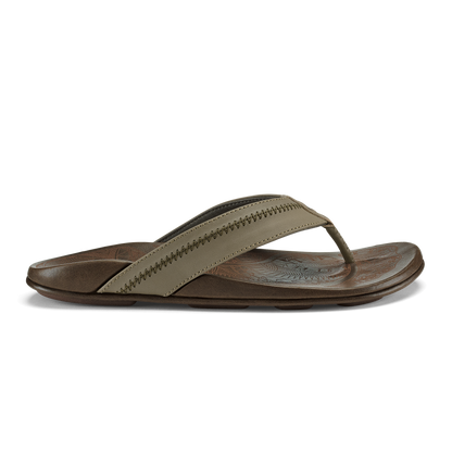 Clay and mustang leather flip-flop sandal with stitched toe strap and textured footbed.