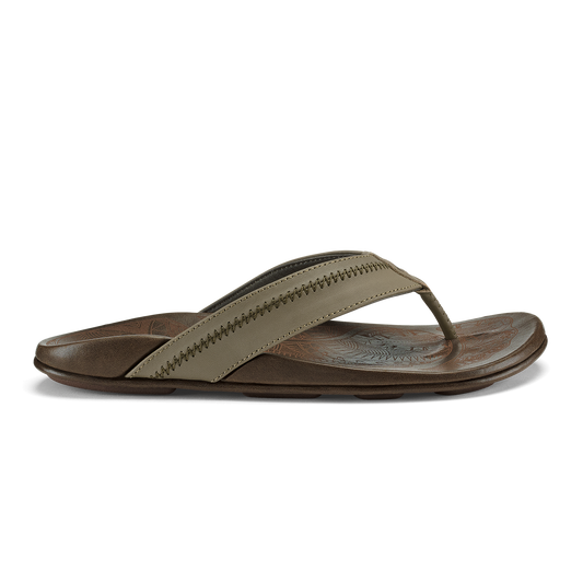 Clay and mustang leather flip-flop sandal with stitched toe strap and textured footbed.
