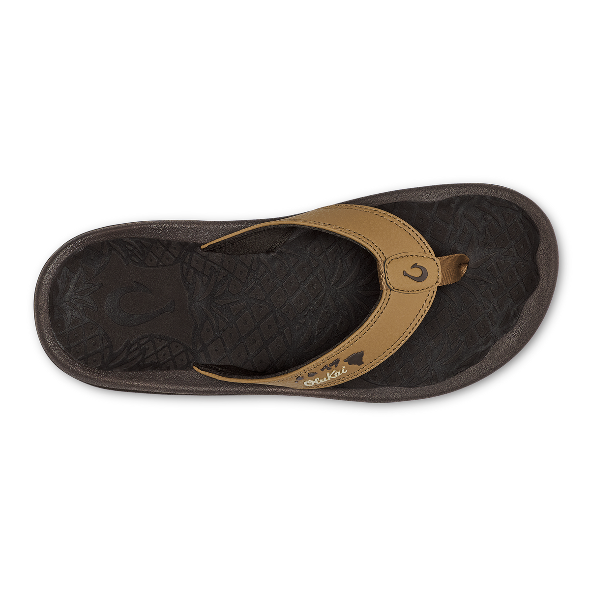 Tan and dark brown flip-flop with thong strap and textured sole, viewed from above.
