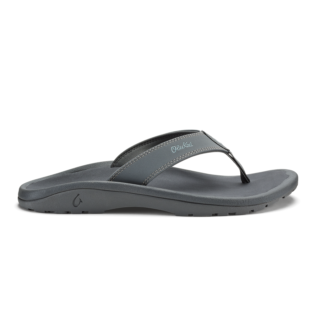 Gray thong sandal with contrasting black toe strap and cushioned sole.