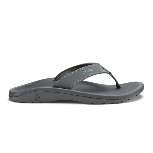 Gray thong sandal with contrasting black toe strap and cushioned sole.