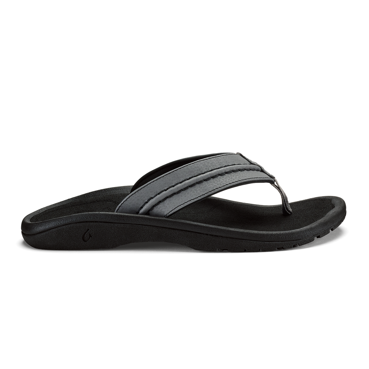 Black and gray thong sandal with cushioned footbed and textured strap across the top.