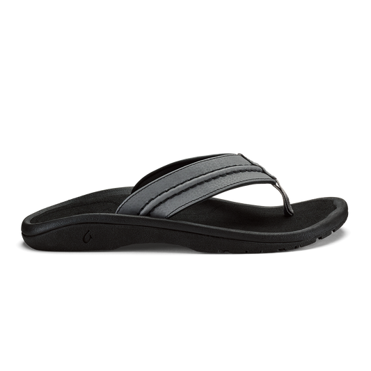 Black and gray thong sandal with cushioned footbed and textured strap across the top.