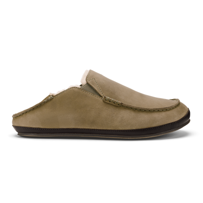 Tan suede slipper with dark brown sole and stitched seams, shown from the side.