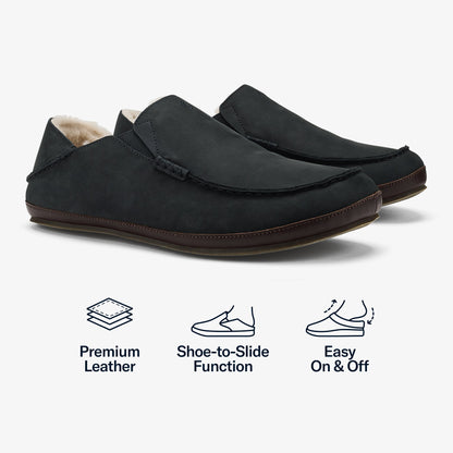 Black suede slipper with dark brown leather sole and sherpa-lined collar, shown from the side.