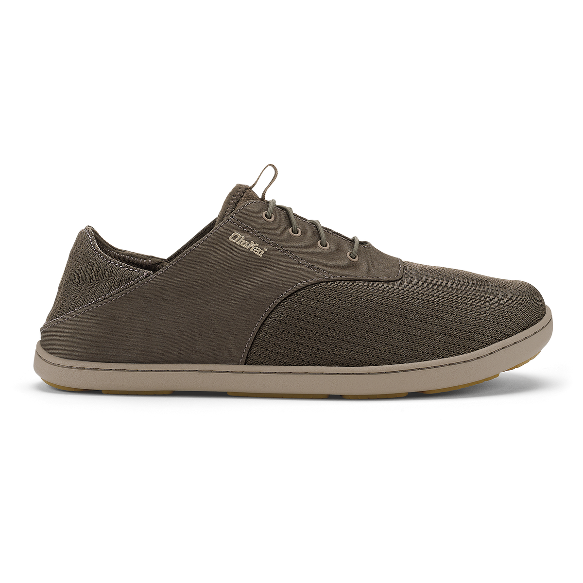 Olive-green lace-up casual shoe with mesh and solid panels, tan sole, and metal eyelets.