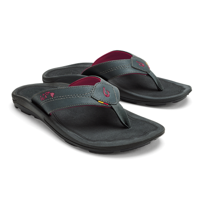 Pair of dark gray thong sandals with burgundy accents and curved footbeds, shown from a three-quarter angle.