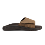 Tan and dark brown slide sandal with perforated upper and dark sole, shown from the side.