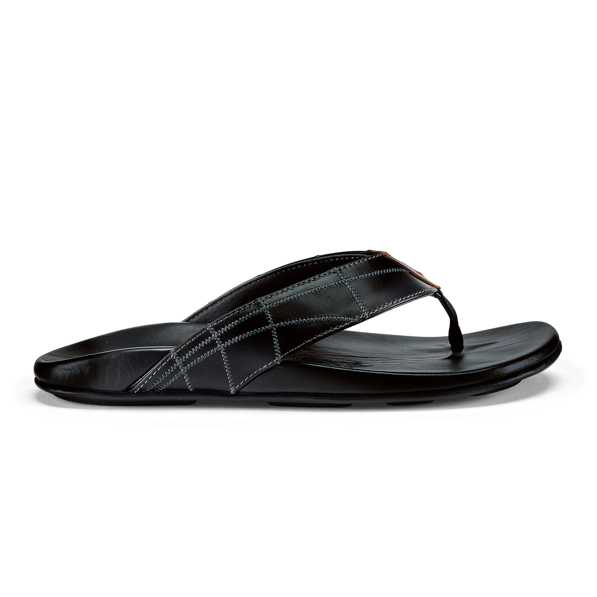 Black flip-flop sandal with quilted strap and stitched detailing on upper.