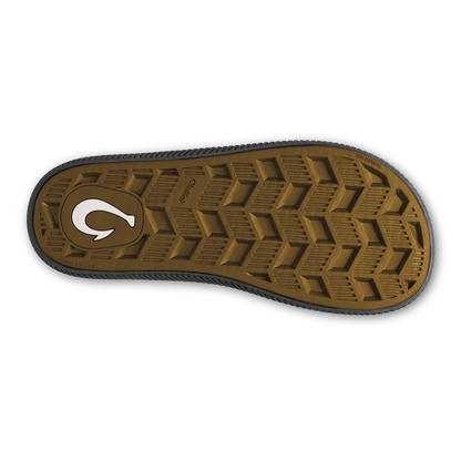 Brown and black sole with chevron tread pattern and white logo detail.