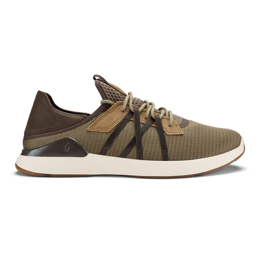 Tan and dark brown mesh lace-up sneaker with cream sole and dark brown heel counter.