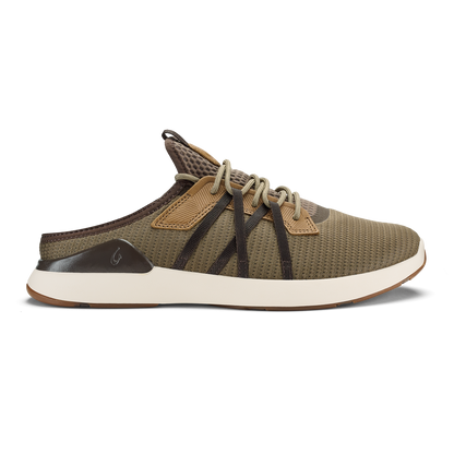 Tan and dark brown mesh sneaker with black laces, cream sole, and brown heel counter shown from the side.