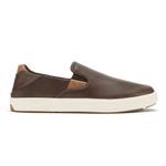 Dark brown leather slip-on sneaker with cream rubber sole and tan heel accent, shown in side profile.