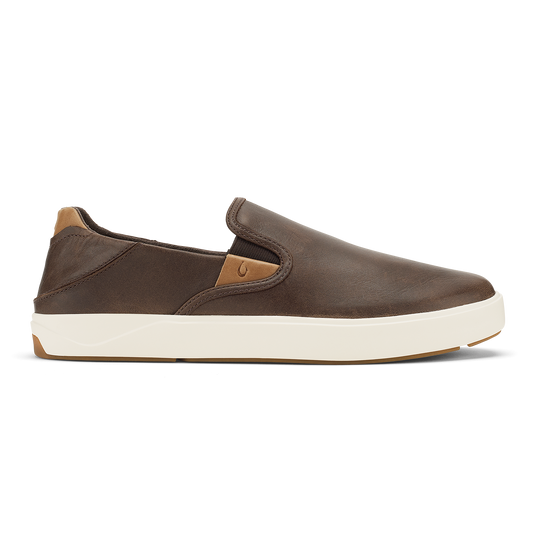 Dark brown leather slip-on sneaker with cream rubber sole and tan heel accent, shown in side profile.