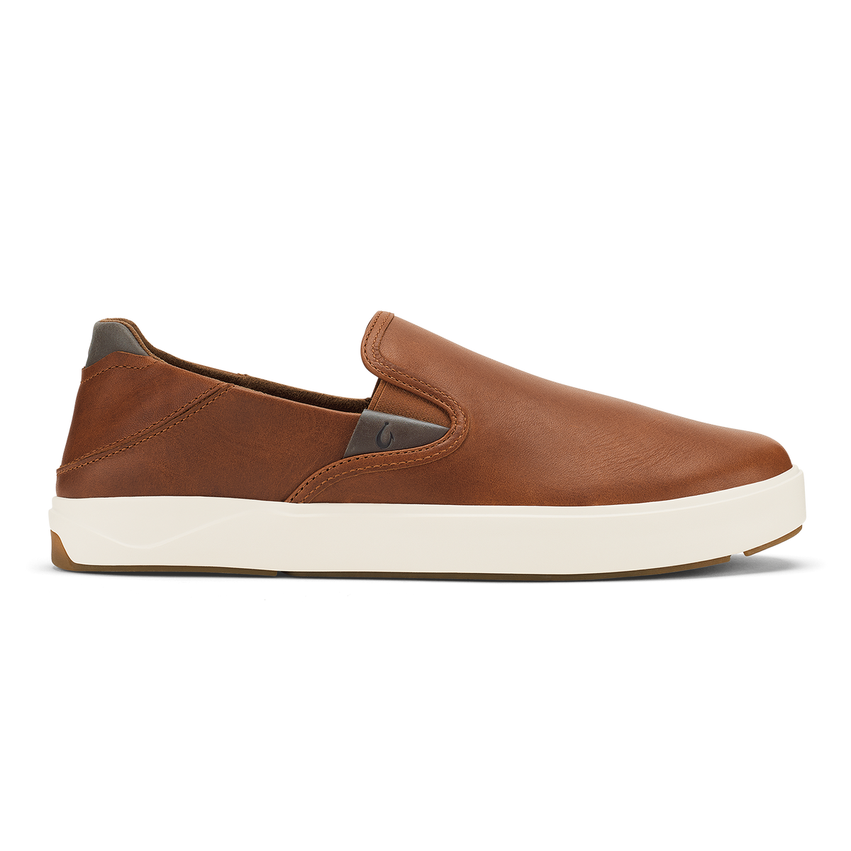Brown leather slip-on sneaker with cream-colored sole and dark heel tab.