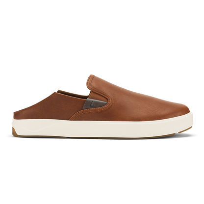 Brown leather slip-on shoe with cream-colored sole and padded collar.