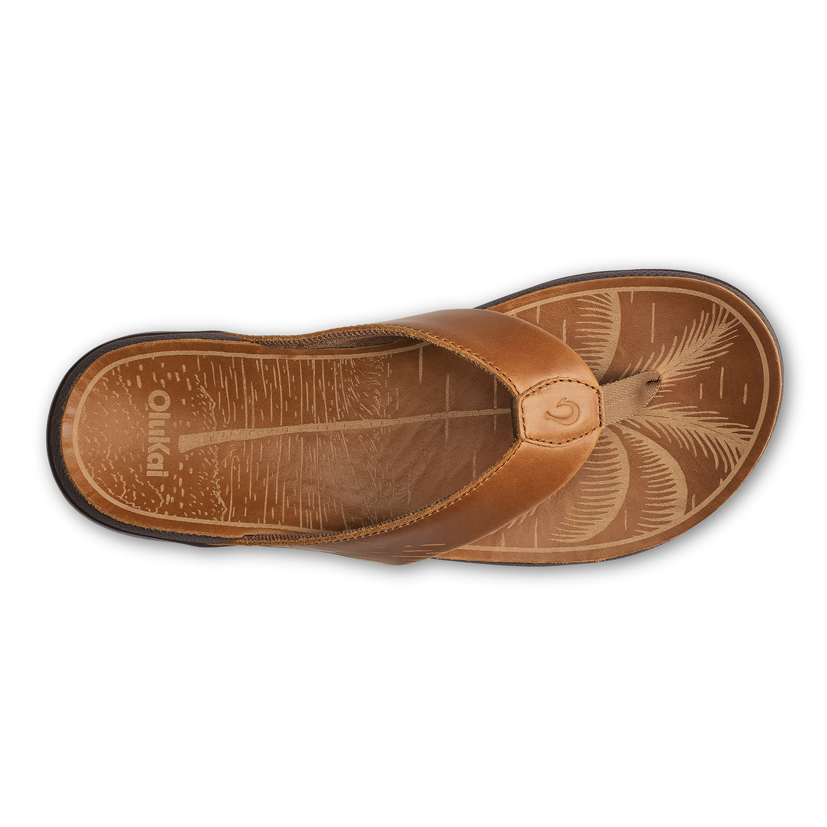 Tan leather flip-flop sandal with decorative stitching and patterned sole, shown from above.