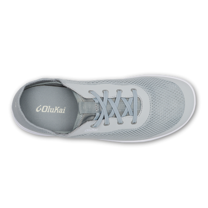 Cloud grey Olukai Moku Pae sneaker with perforated mesh upper and white sole, shown from above.