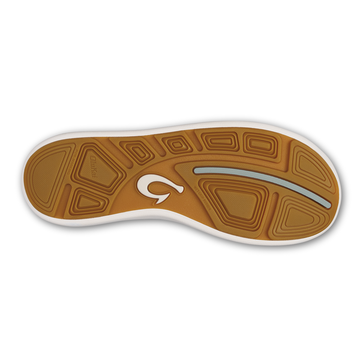 Tan and white shoe sole with geometric tread pattern and curved design.