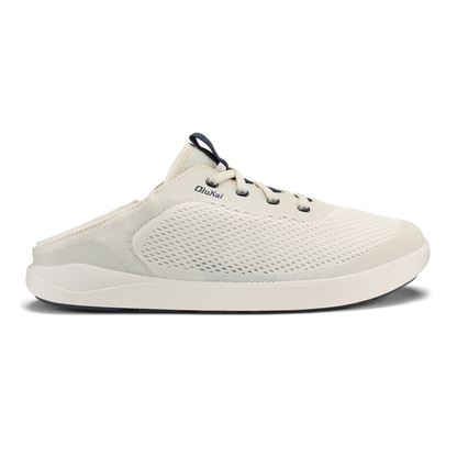 White mesh athletic clog with dark blue heel pull and white sole.