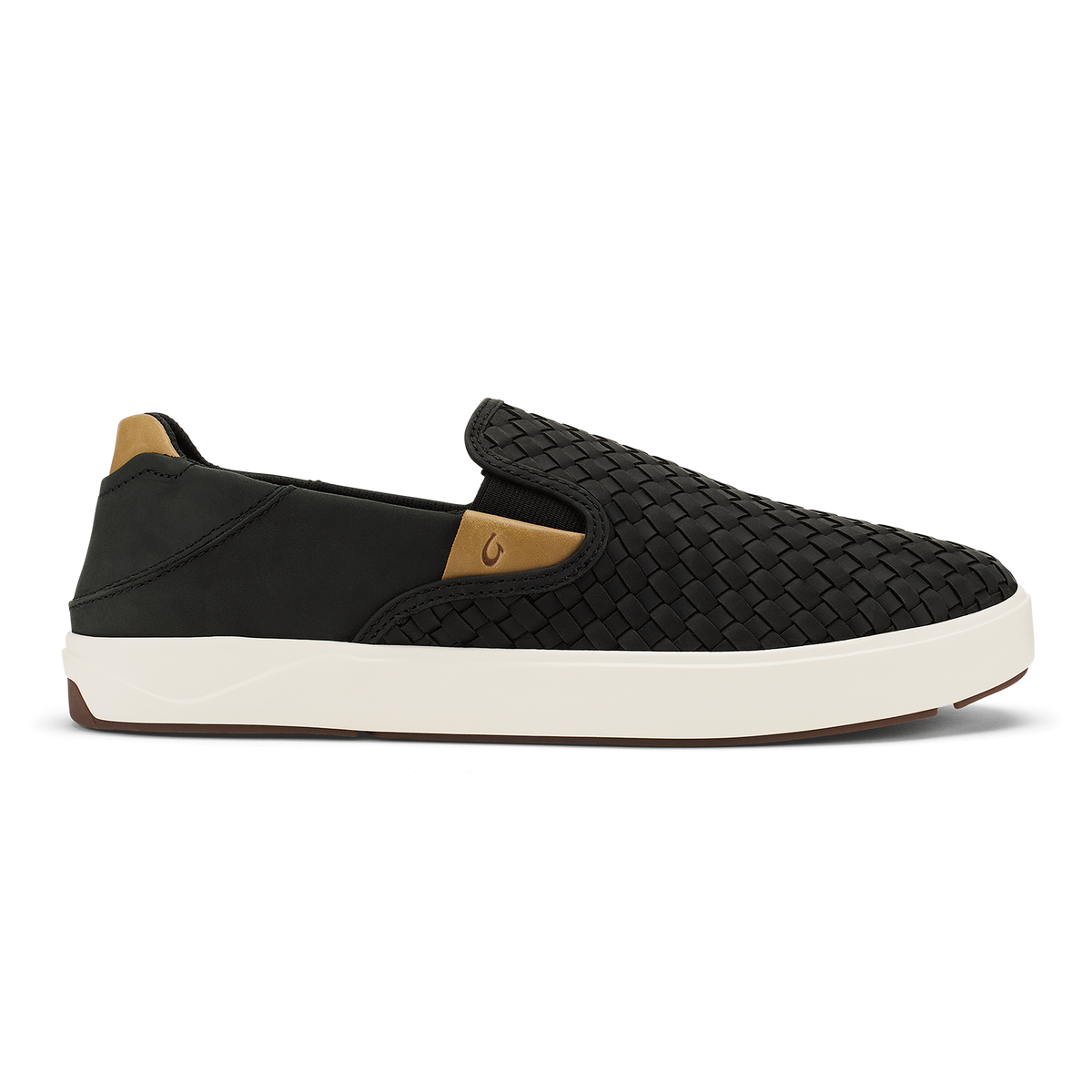 Black woven slip-on sneaker with tan heel detail and cream rubber sole.