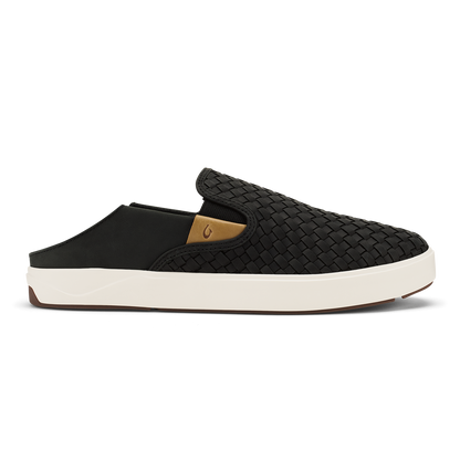Black woven slip-on mule with cream sole, tan accent detail, and brown heel strip.