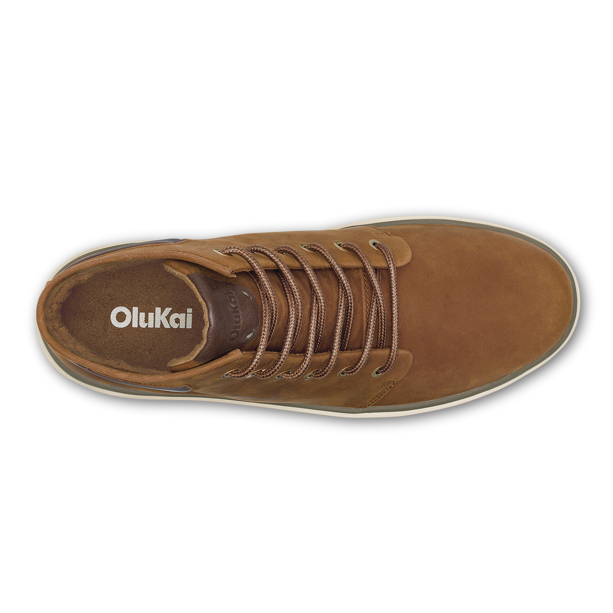 Toffee-colored suede boot with rope lacing and white sole, viewed from above.
