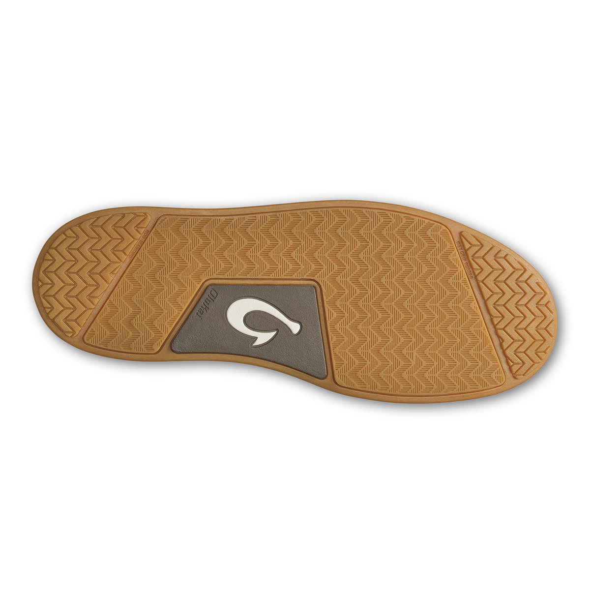 Tan shoe sole with geometric tread pattern and gray center panel featuring a curved white logo.